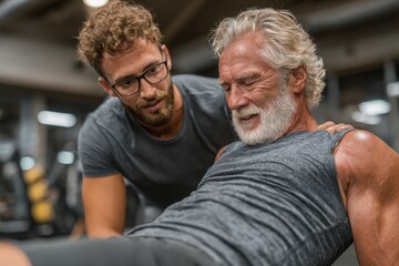 Young man and senior man doing plank exercise together at the Gym during daytime