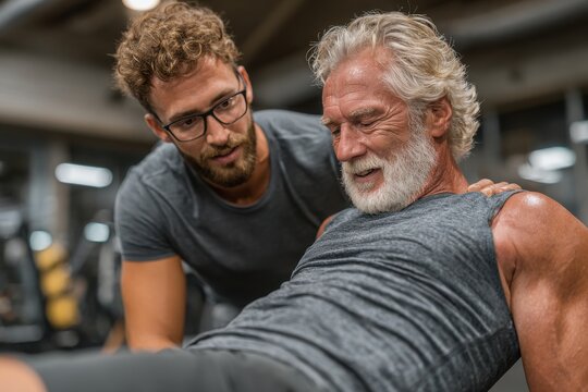 Young man and senior man doing plank exercise together at the Gym during daytime