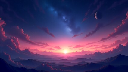 Fantasy Sunset Over Mountain Range with Moon and Stars