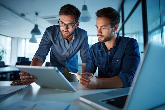 Two Young Businessmen Collaborating on a Tablet in a Modern Office