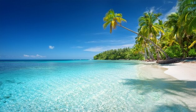 vibrant tropical beach with clear blue water and lush palm trees - Powered by Adobe