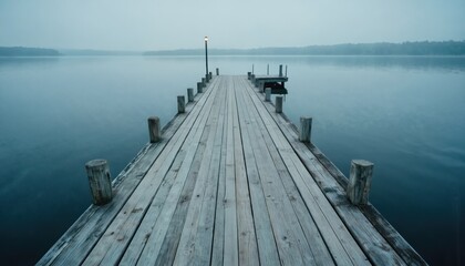 Fototapeta premium Wooden pier extends over calm lake water. Reflective surface mirrors misty sky and distant tree line. Gray planks, weathered wood, nautical theme. Peaceful, serene atmosphere for relaxation, vacation.