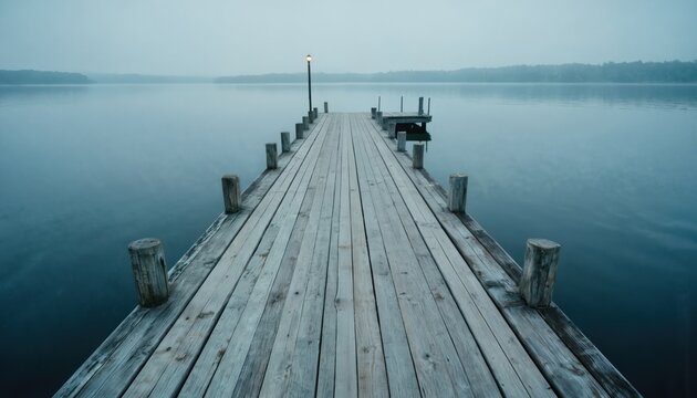 Wooden pier extends over calm lake water. Reflective surface mirrors misty sky and distant tree line. Gray planks, weathered wood, nautical theme. Peaceful, serene atmosphere for relaxation, vacation. - Powered by Adobe
