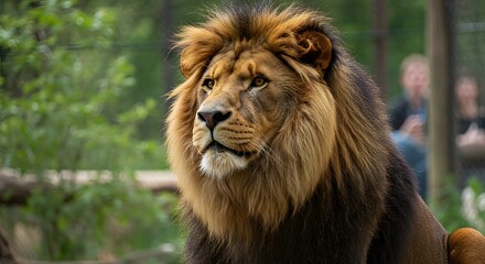 Fototapeta premium A majestic lion with a full mane gazes intently to the left in a lush outdoor setting with people blurred
