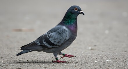 A pigeon walking on a concrete surface with iridescent feathers and a band around its leg