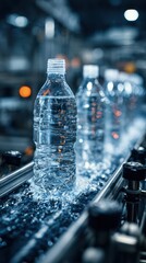 Water bottles moving along a production line in a factory during daytime hours