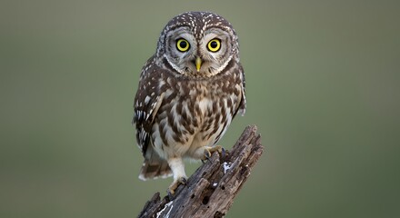 Close up of a little owl perched atop a weathered branch against a blurred green background looking forward