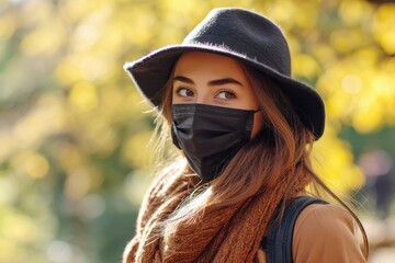 Lady with a hat and mask in the park