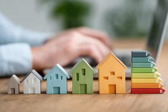 Evaluating efficiency of properties with colorful miniature houses and energy performance rating scale on a desk while using a laptop