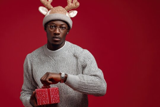 Relaxed and confident young Black man in a deer themed Christmas hat holding a gift and checking his watch - Powered by Adobe