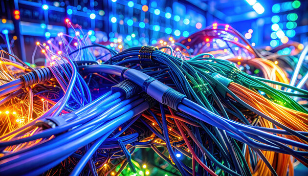 Vibrant tangled mess of colorful futuristic network cables in data center. Glowing light and complex technology show overwhelming feeling of digital connection