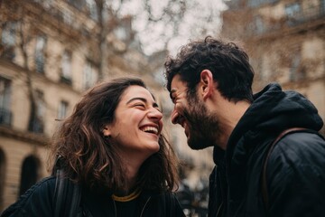 Fototapeta premium Loving couple shares genuine laughter and enjoys quality time together