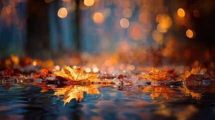 Naklejka premium Autumn leaves float in shallow water, bokeh lights shimmering softly in the background