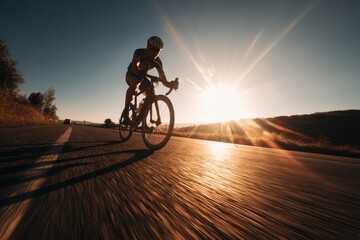 Fototapeta premium Man cycling on a country road on a sunny day