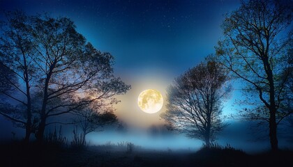 Fototapeta premium scenic night landscape with fog and silhouetted trees framed by a glowing moon