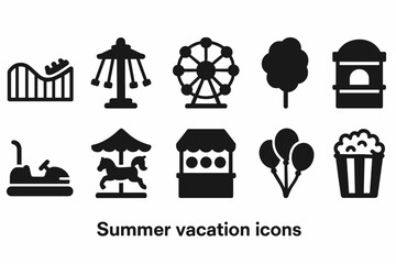 Fototapeta na wymiar Amusement park solid icon set: rides, games, snacks, fun, entertainment icons