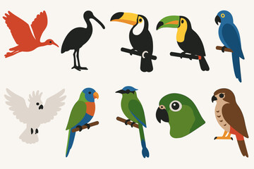 Naklejka premium Birds, wildlife flat icon set. parrot, toucan, hawk, and more