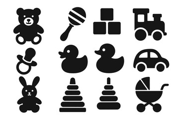 Baby toys solid icon set. adorable, childhood, playtime, toy graphics collection