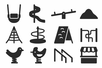 Fototapeta premium Playground activities solid icon set. swings, slide, seesaw, sandbox solid collection