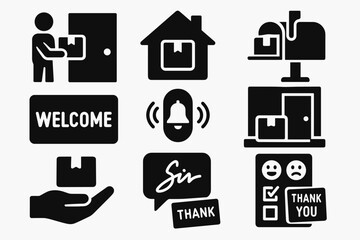 Delivery and package solid icon set. essential shipping and logistics symbols