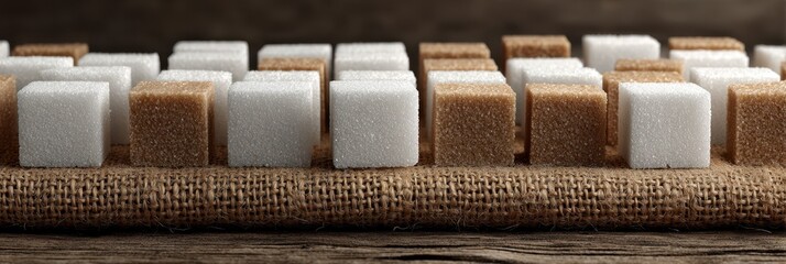 Sugar cubes arranged on burlap fabric with a rustic wooden background creating a warm, inviting atmosphere
