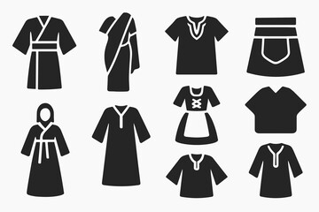 Clothing and fashion silhouette icon set for traditional garment styles