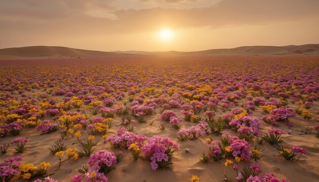 Vast field of desert flowers blooms with purple, yellow blossoms after rare Saudi Arabian rainfall. Dunes, mountains form backdrop under soft golden sunset sky. Scene captures delicate flora thriving