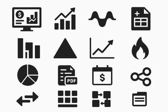 Business analytics solid icon set for finance, data, and marketing visuals