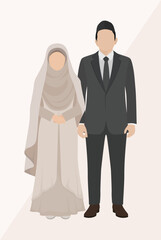 Minimalist vector of a Muslim couple in wedding attire, featuring soft colors and modern aesthetic for elegant themes