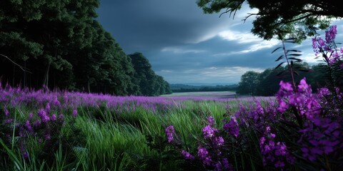 Naklejka premium Vibrant purple wildflowers bloom in a lush green meadow under an overcast sky at dusk