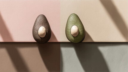 avocado halves with seeds, pastel backdrop with clean right margin