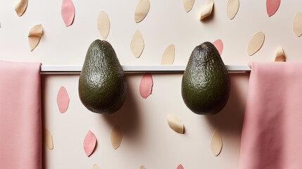 avocado halves with seeds, pastel backdrop with clean right margin