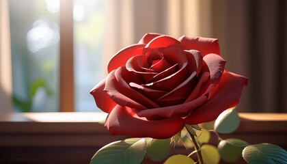 beautiful red rose illuminated by soft light in a serene indoor setting