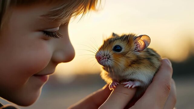 Child gently holding a small hamster at sunset, heartwarming moment.