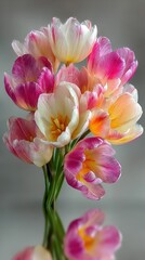 Fototapeta premium Vibrant tulip bouquet displayed on a reflective surface in soft natural light during springtime