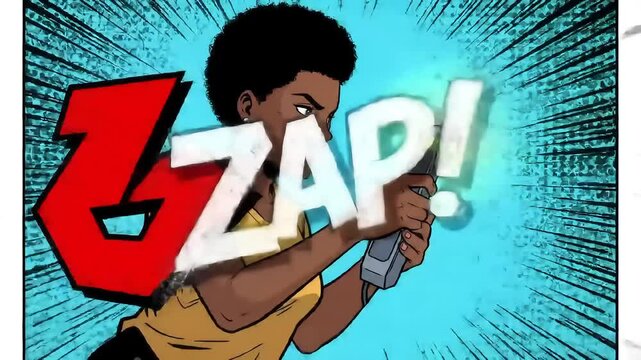 Comic-style artwork features a woman aiming a futuristic device amid an abstract, energetic backdrop