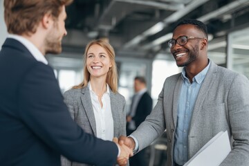 Professionals shaking hands post interview in an office