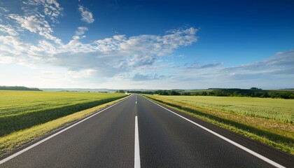 Fototapeta premium open highway stretching through rural fields under blue sky