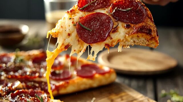 Delicious pepperoni pizza slice with melted cheese, lifted from a rustic wooden board.