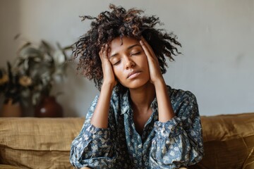 Mental health support Tired young Black woman on a couch dealing with emotional exhaustion and stress