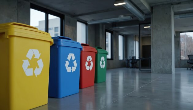 Colorful recycling bins in modern urban office space promoting sustainability. Yellow, blue, red, green containers facilitate waste separation for plastic, paper, metal materials. Environmentally