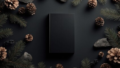 Black book mockup, winter scene, dark background, pine cones, book cover design