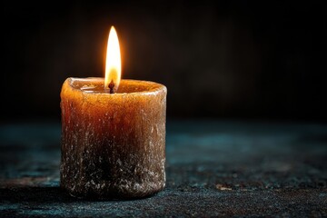 Glowing yellow candle burns brightly on a silver holder against a dark background, casting light on wood surface