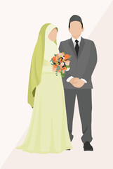 Vector illustration of Muslim bride and groom in elegant pastel color scheme, ideal for contemporary wedding designs