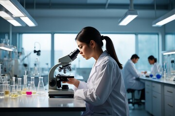 Obraz premium Young female scientist using microscope in laboratory for medical research work