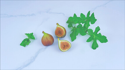 fresh fig halves on marble slab, clean white space above
