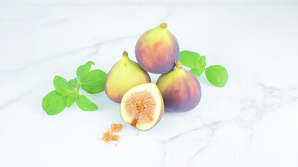 fresh fig halves on marble slab, clean white space above