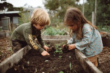 Siblings working in elevated beds planting and digging together