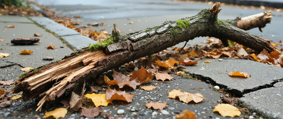 Broken tree branch resting on sidewalk surrounded by autumn leaves  