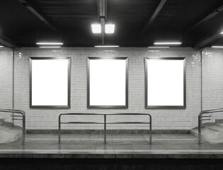 Three blank billboards on white tiled wall in underground subway station. Triptych advertising frames in clean tunnel interior with tiled walls and bright lighting. Ready for custom content.
